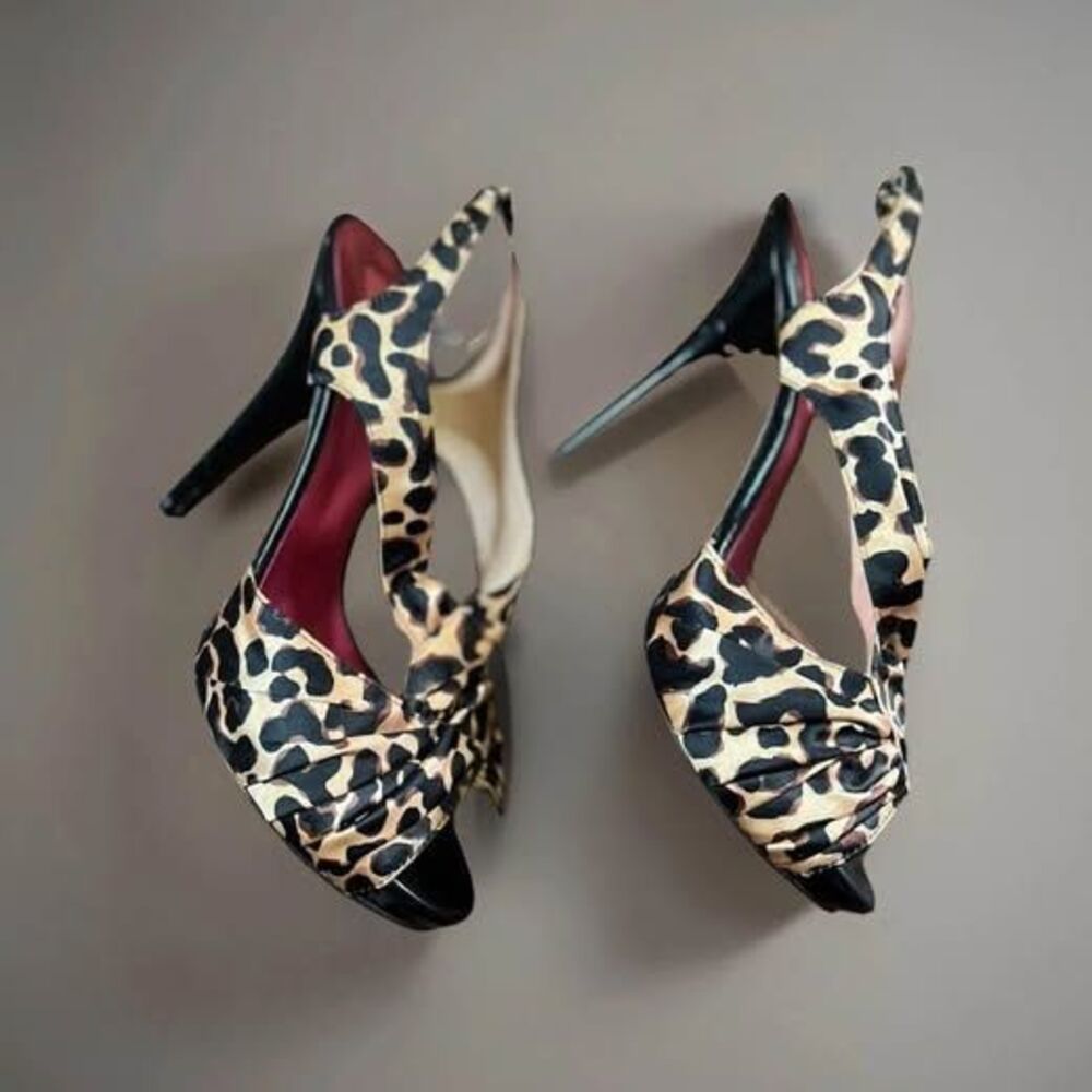 Betsey Johnson Leopard Print Peep-Toe Slingback Heels - Black & Tan